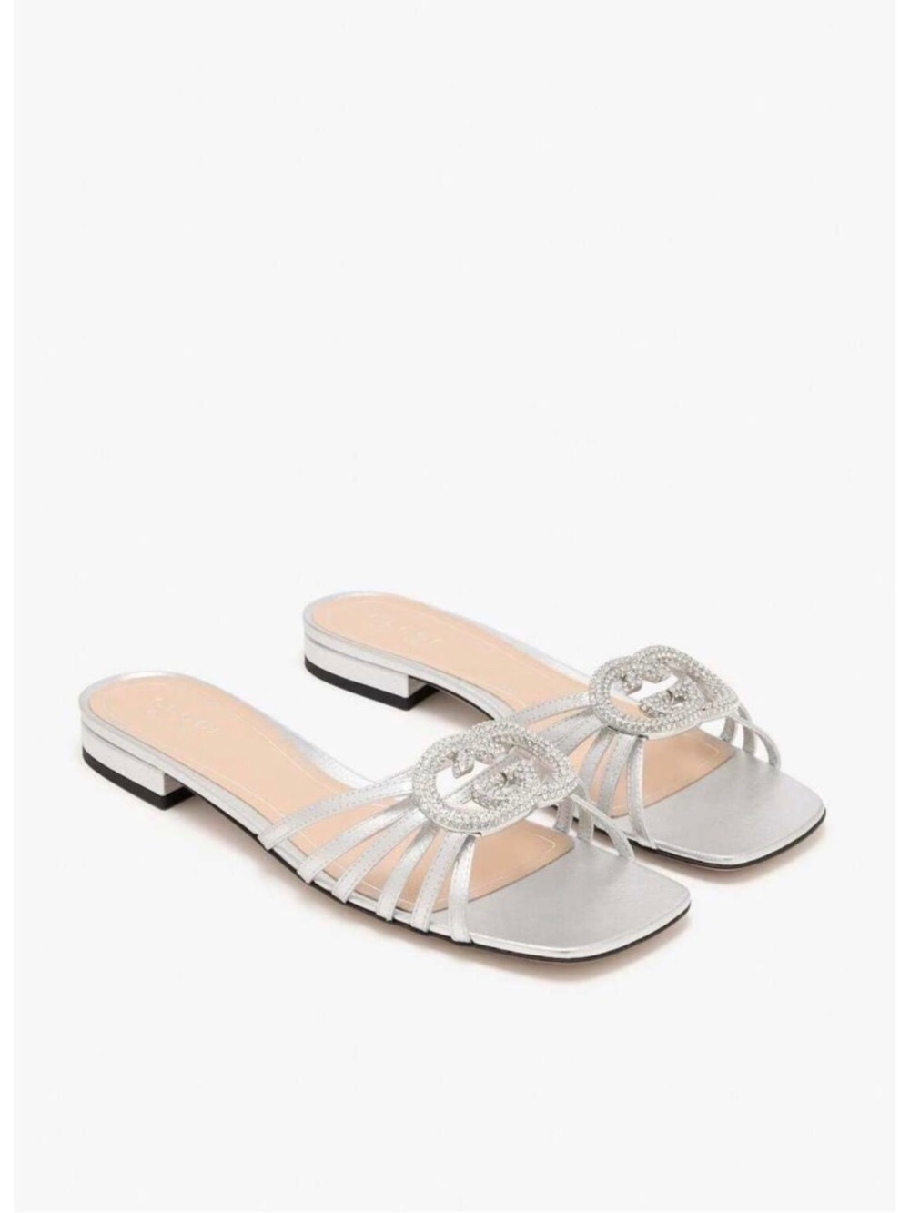 GUCCI Metallic Leather Crystal Embellished Slide Sandals